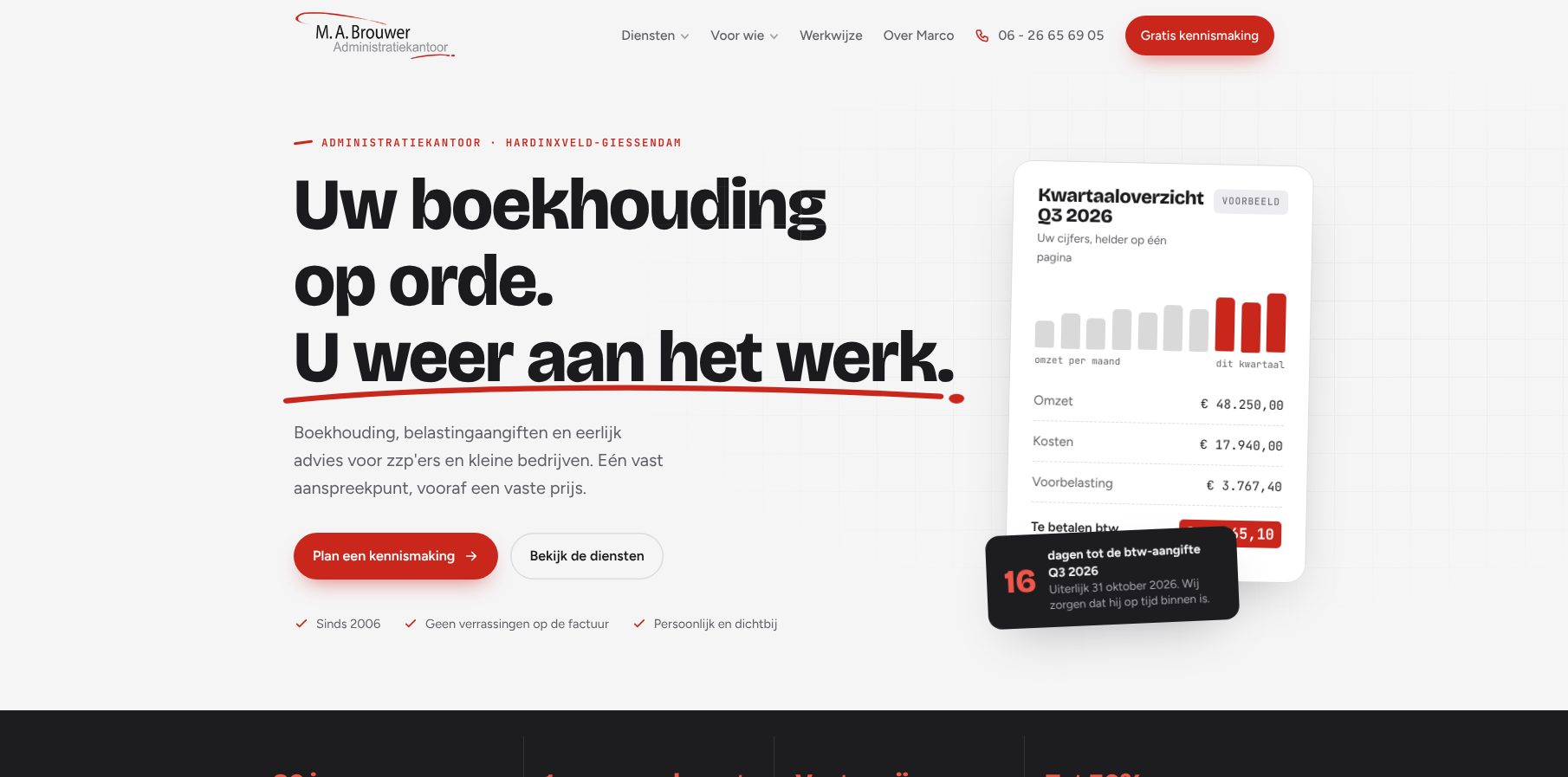 Homepage van brouweradministratie.nl, een website die ik heb gebouwd voor administratiekantoor M.A. Brouwer in Hardinxveld-Giessendam