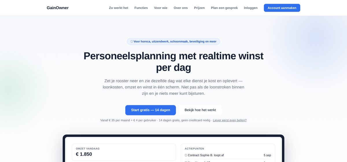 Homepage van gainowner.nl, een website die ik heb gebouwd: personeelsplanning met realtime winst per dag