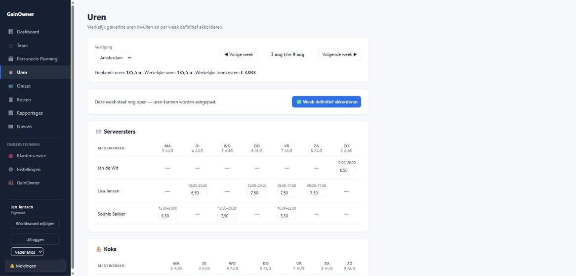 Het urenregistratiescherm van de webapplicatie die ik voor GainOwner bouwde