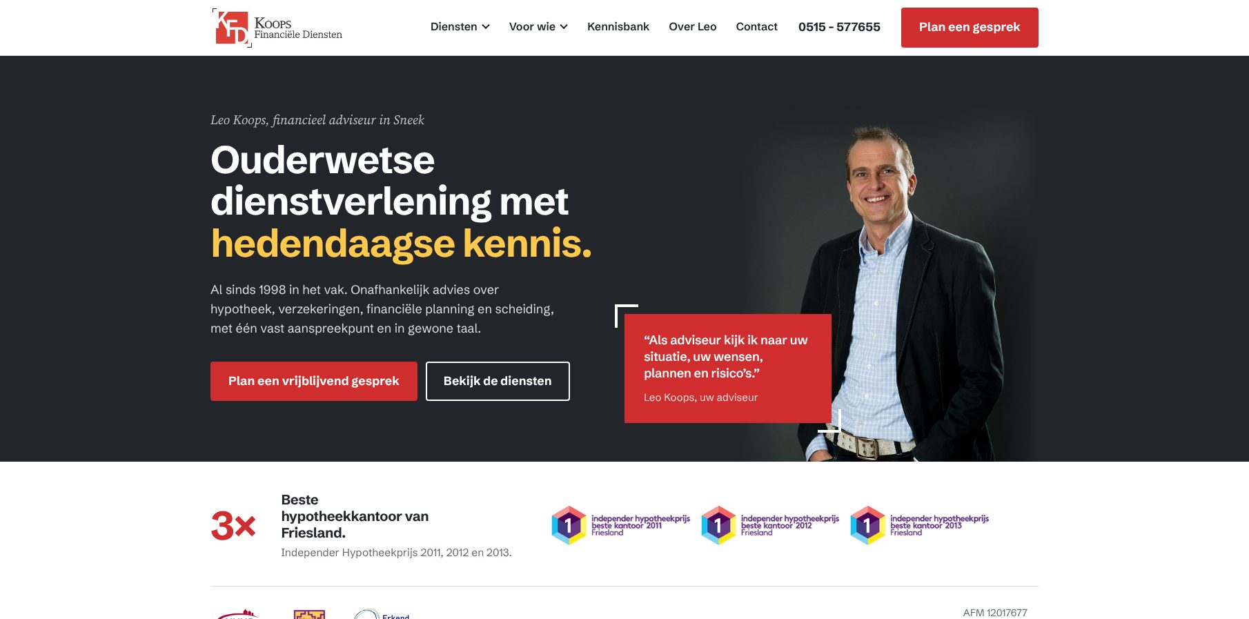 Homepage van koopsfd.nl, een website die ik heb gebouwd voor Koops Financiële Diensten, financieel adviseur in Sneek