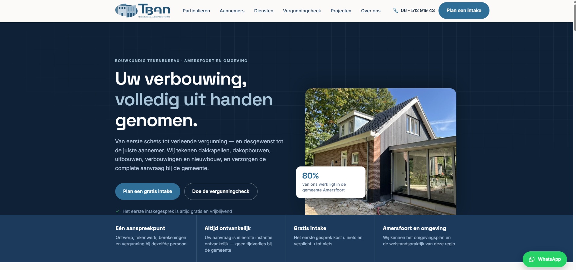 Homepage van tban.nl, een website die ik heb gebouwd voor bouwkundig tekenbureau T.B.A.N. in Amersfoort